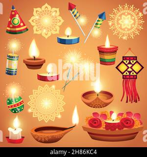 Ensemble réaliste de bougies feux d'artifice et de décorations pour les vacances de diwali illustration vectorielle isolée Illustration de Vecteur