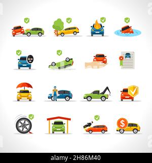 Les icônes de protection contre les voleurs et les sinistres de l'assurance automobile définissent un vecteur isolé illustration Illustration de Vecteur