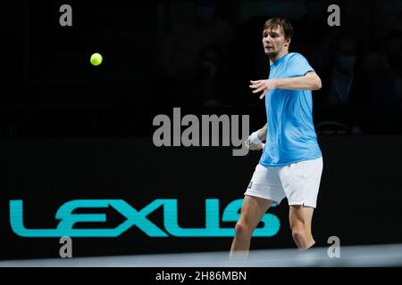 Alexander Bublik du Kazakhstan lors de la coupe Davis 2021, match de tennis du groupe B entre le Kazakhstan et la Suède le 27 novembre 2021 à Madrid Arena, Espagne - photo: Oscar Barroso/DPPI/LiveMedia Banque D'Images