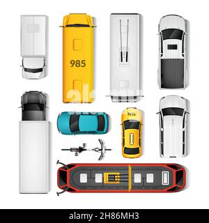 Jeu d'icônes de la vue du dessus du transport urbain. Illustration du vecteur isolé du transport urbain. Ensemble de conception de véhicules urbains. Ensemble décoratif de dessin animé de transport urbain. Illustration de Vecteur