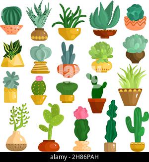 Cactus et succulents en pots plat icônes collection avec aloès illustration du vecteur isolé agave kalanchoe opuntia euphorbia Illustration de Vecteur