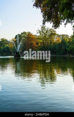 Paysage vert vif près du lac dans le jardin de Cismigiu (Gradina Cismigiu), un parc public dans le centre-ville de Bucarest Banque D'Images