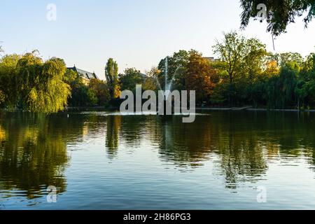 Paysage vert vif près du lac dans le jardin de Cismigiu (Gradina Cismigiu), un parc public dans le centre-ville de Bucarest Banque D'Images