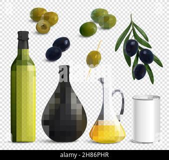 Jeu d'olives et d'huile réalistes dans un pot, emballage pour les produits isolés sur une illustration vectorielle transparente Illustration de Vecteur