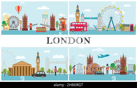 Rendez-vous à la composition de Londres avec le transport des gardes royaux britanniques célèbres repères et attractions dans une illustration vectorielle de style plat Illustration de Vecteur
