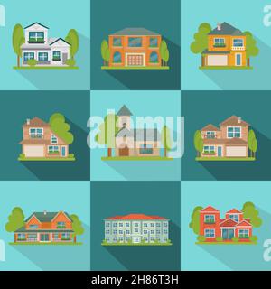 Bâtiments isolés carrés icônes plates sur bleu et lumière arrière-plans bleus avec illustration vectorielle des bâtiments urbains Illustration de Vecteur