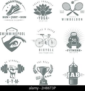 Ensemble d'étiquettes de fitness isolées grises avec club de course marathon Tennis Wimbledon jab boxe descriptions illustration vectorielle Illustration de Vecteur