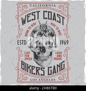 Affiche de groupe de motards de la côte ouest avec motif t-shirt et crâne dans l'illustration du vecteur casque de moto Illustration de Vecteur