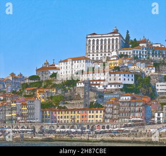 Amélioration de l'image numérique de la ville de Ribeira, Vieille Ville, Porto, Portugal vu de Vila Nova de Gaia sur le fleuve Douro Banque D'Images