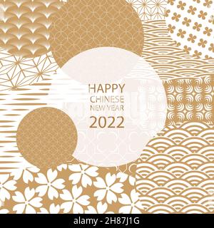 2022 Bonne Année.Bannière horizontale avec éléments chinois du nouvel an sur fond blanc.Vecteur Illustration de Vecteur