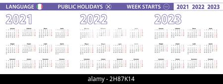 Modèle de calendrier simple en italien pour 2021, 2022, 2023 ans.La semaine commence le lundi.Illustration vectorielle. Illustration de Vecteur