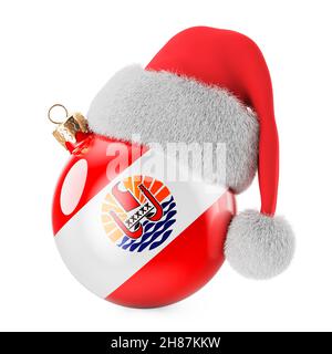 Boule de Noël avec drapeau polynésien français et chapeau du Père Noël.Noël et nouvel an en Polynésie française, concept.Rendu 3D isolé sur ba blanc Banque D'Images