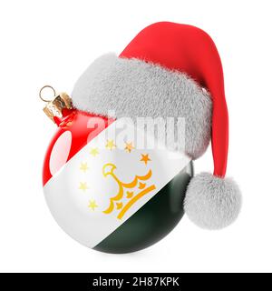 Boule de Noël avec drapeau tadjik et chapeau du Père Noël.Noël et nouvel an au Tadjikistan, concept.Rendu 3D isolé sur fond blanc Banque D'Images