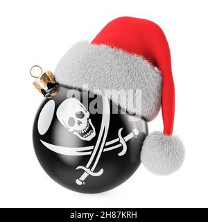 Boule de Noël avec drapeau de pirate et chapeau de Père Noël.Rendu 3D isolé sur fond blanc Banque D'Images