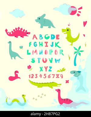 Drôle d'alphabet anglais avec de jolis dinosaures. Affiche pédagogique pour les enfants. Divers bébés dino serpents, crocodile, jurassic période Illustration de Vecteur