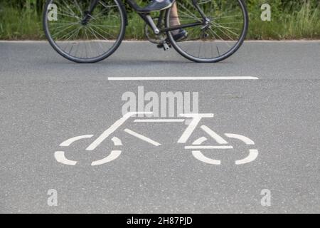 Le cycliste passe le pictogramme sur la piste cyclable Banque D'Images