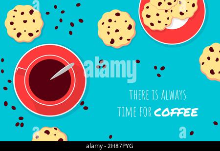 Illustration vectorielle, il est toujours temps de trouver une carte d'inspiration pour le café.Une tasse de café et de biscuits aux pépites de chocolat Illustration de Vecteur