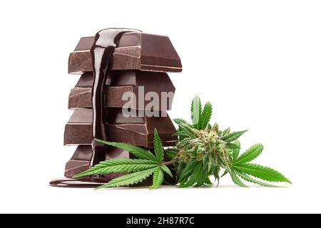 Pile de morceaux de barres de cuisson au chocolat noir recouverts de chocolat fondu avec de la marijuana médicale Bud isolé sur fond blanc Banque D'Images