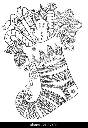 Chaussette de Noël en maille mignonne pour les cadeaux du Père Noël.Page de coloriage de mandala vectoriel pour adultes, page pour livre de coloriage et motif de Noël Illustration de Vecteur