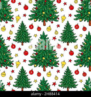 Motif coloré de joyeux Noël et joyeux nouvel an sans coutures avec arbres de Noël.Illustration vectorielle dessinée à la main Illustration de Vecteur