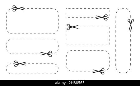 Ensemble d'icônes de ciseaux coupant des formes avec des lignes en pointillés.Découpez ici les pictogrammes pour les coupons de réduction papier, les bons, les codes promotionnels.Illustration vectorielle du vecteur graphique isolée sur fond blanc. Illustration de Vecteur