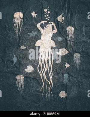 Silhouettes de plongeur et de poissons autour.Gelée de poisson comme partie inférieure du corps.Le concept de la plongée sportive. Banque D'Images