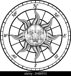 Compass Sun face gravure Rose Woodcut dessin Illustration de Vecteur