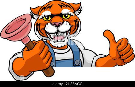 Poussoir de maintien Tiger Plumber Cartoon Mascot Illustration de Vecteur