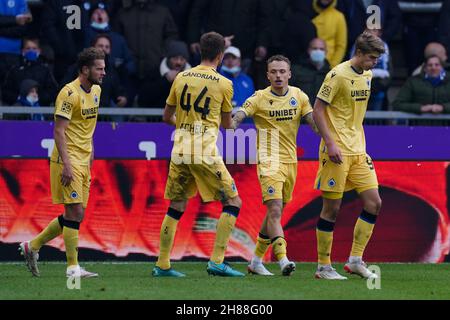 GENK, BELGIQUE - 28 NOVEMBRE : NOA Lang du Club Brugge célèbre le deuxième but de son côté de l'après-midi lors du match de Jupiler Pro League entre KRC Genk et Club Brugge à Cegeka Arena le 28 novembre 2021 à Genk, Belgique (photo de Joris Verwijst/Orange Pictures) Banque D'Images