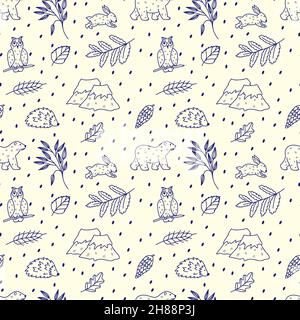 Motif sans couture dessiné à la main représentant de jolies illustrations pour enfants.Impression reproductible des animaux et des feuilles de la forêt.Des éléments amusants dans un style doodle Illustration de Vecteur