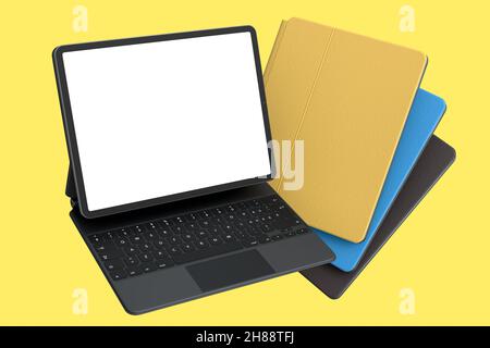 Ensemble de tablettes d'ordinateur avec clavier et écran vierge isolé sur fond jaune.Le concept de rendu 3D de l'équipement de créateur et compact Banque D'Images