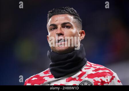 Cristiano Ronaldo de Manchester United s'échauffe avant le match de la Premier League à Stamford Bridge, Londres.Date de la photo: Dimanche 28 novembre 2021. Banque D'Images