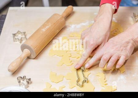 Les mains des femmes coupent les biscuits en forme de chien de la pâte dans la cuisine domestique.Horizontalement. Banque D'Images