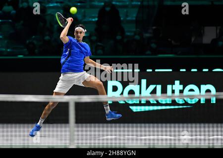 27 novembre 2021, Turin, Italie: Qualification du groupe E de la coupe tennis-Davis pour les quarts de finale.Italia vs Colobia.Pala Alpitour, Turin, Italie 27 novembre 2021..Lorenzo Sonego en Italie lors de son match contre Nicolas Mejia en Colombie (Credit image: © Tonello Abozzi/Pacific Press via ZUMA Press Wire) Banque D'Images