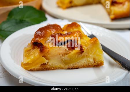 Gâteau aux pommes maison avec crème anglaise à la frangipani aux amandes, en gros plan Banque D'Images
