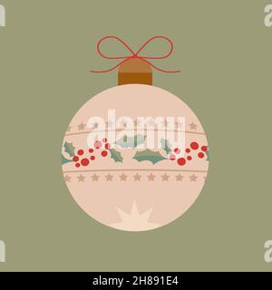 Conception de jouets de Noël pour l'arbre.Motif vectoriel plat de décorations du nouvel an.Boule rose avec branches de GUI et étoiles. Illustration de Vecteur