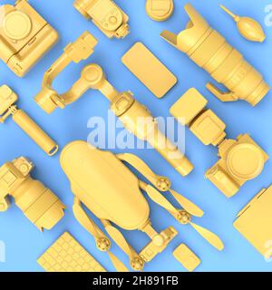 Vue de dessus de l'espace de travail et de l'équipement de designer comme un appareil photo reflex numérique inexistant, téléphone mobile, drone et caméra d'action sur selfie bâton sur fond bleu.3d ren Banque D'Images