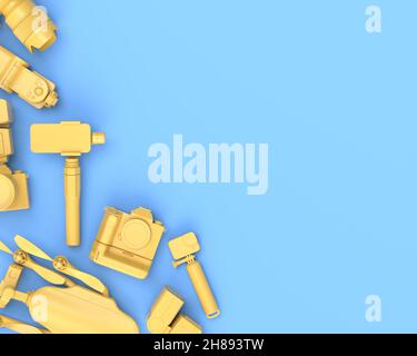 Vue de dessus de l'espace de travail et de l'équipement de designer comme un appareil photo reflex numérique inexistant, téléphone mobile, drone et caméra d'action sur selfie bâton sur fond bleu.3d ren Banque D'Images