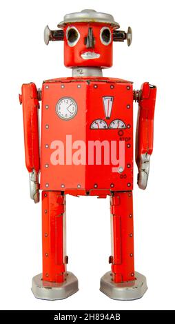 Vintage Retro Rouge Windup robot Toy, isolé sur Un fond blanc Banque D'Images