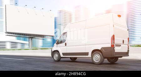 Le camion de livraison se déplace vers les gratte-ciel du centre-ville et le panneau d'affichage vide.Livraison rapide et déménagement.illustration 3d Banque D'Images