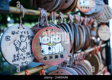 Maneki Neko ou des plaques de prière Lucky Cat ema au sanctuaire Imado Jinja, un temple shinto dédié à la découverte de l'amour à Asakusa, Tokyo, Japon.Les adorateurs accrochent les plaques avec leurs souhaits, leurs rêves ou leurs prières au temple. Banque D'Images