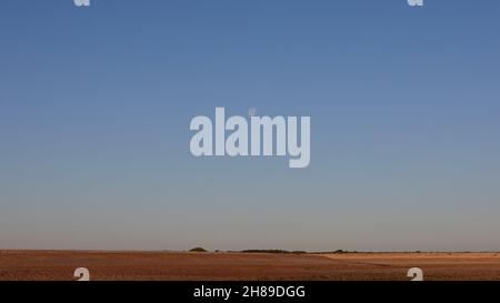 Pleine lune vue sur la réserve naturelle de Pagham Harbour pendant la journée de novembre 2021. Banque D'Images