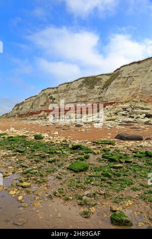 Falaises rayées rouges et blanches dans Old Hunstanton sur le sentier Peddlers Way et le chemin de la côte de Norfolk, Norfolk, Angleterre, Royaume-Uni. Banque D'Images