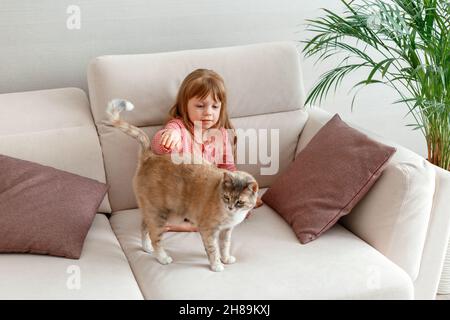 Petite fille enfant qui s'occupe de chat tout en étant assis sur un canapé à la maison.L'amour et la relation des animaux de compagnie et des enfants.Enfant fille jouant avec chat de gingembre domestique Banque D'Images