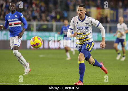 Genova, Italie.27 novembre 2021.Genova (GE), Italia, 27 novembre 2021, stadio Luigi Ferraris, 14Â° giornata Campionato Serie A Tim 2021/2022, incontro tra le escadron dell'UC Sampdoria e dell'Hellas Verona, nella foto: 11 Kevin Lasagna crédit: Independent photo Agency/Alay Live News Banque D'Images