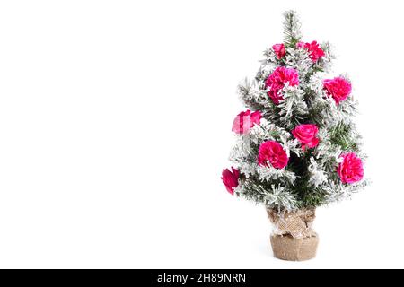 Noël petit trois décoré avec des roses fraîches magenta fleur, isolé sur un fond blanc Banque D'Images