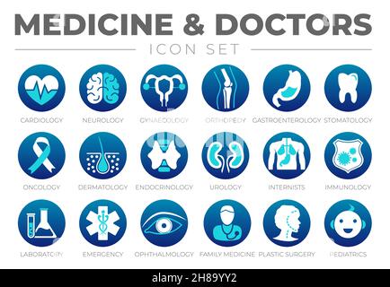 Médecine et médecins ensemble d'icônes bleu rond de cardiologie, Neurologie, Gynécologie, Orthopédie, Gastroentérologie,Stomatology, oncologie, Dermatologie, Urologie Illustration de Vecteur