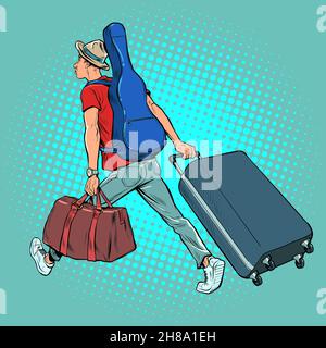 un jeune homme avec une guitare est un voyageur voyageant en tournée, bagages à l'aéroport.Voyage créatif Illustration de Vecteur