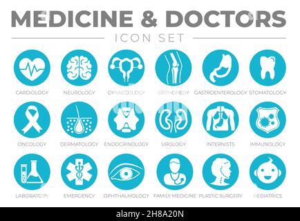 Jeu d'icônes de médecine ronde et de soins de santé de cardiologie, neurologie, gynécologie, Orthopédie, gastroentérologie,Stomatology, oncologie, dermatologie, urologie, Illustration de Vecteur