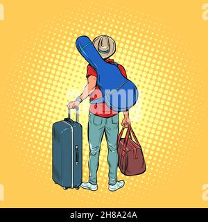 un jeune homme avec une guitare est un voyageur voyageant en tournée, bagages à l'aéroport.Voyage créatif Illustration de Vecteur